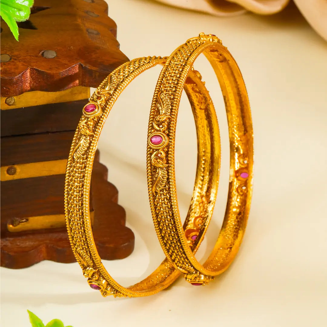 Lakshmi Archana Paired Bangle | Gold-Plated Goddess Worship Temple Bangle Set