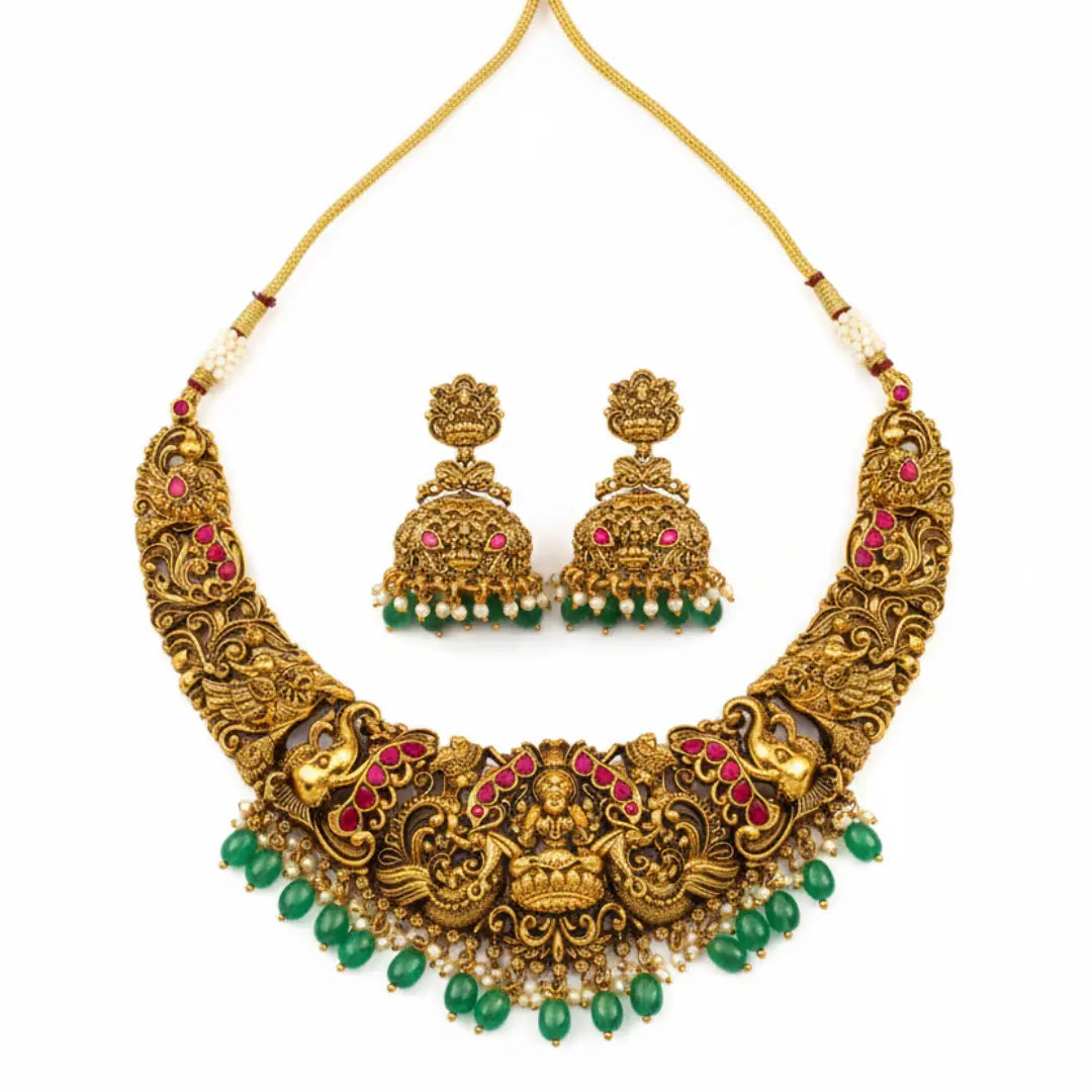 Bridal Temple Jewellery Short Necklace Set with Laxmi Design | Gold Plated