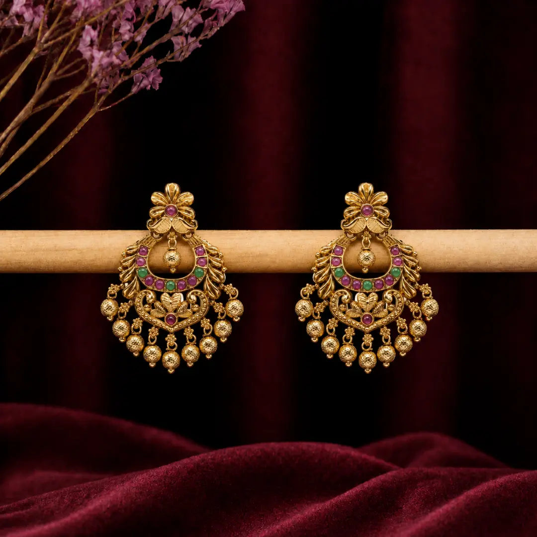 Antique Chandbali with Ruby & Green Beads – R-1057