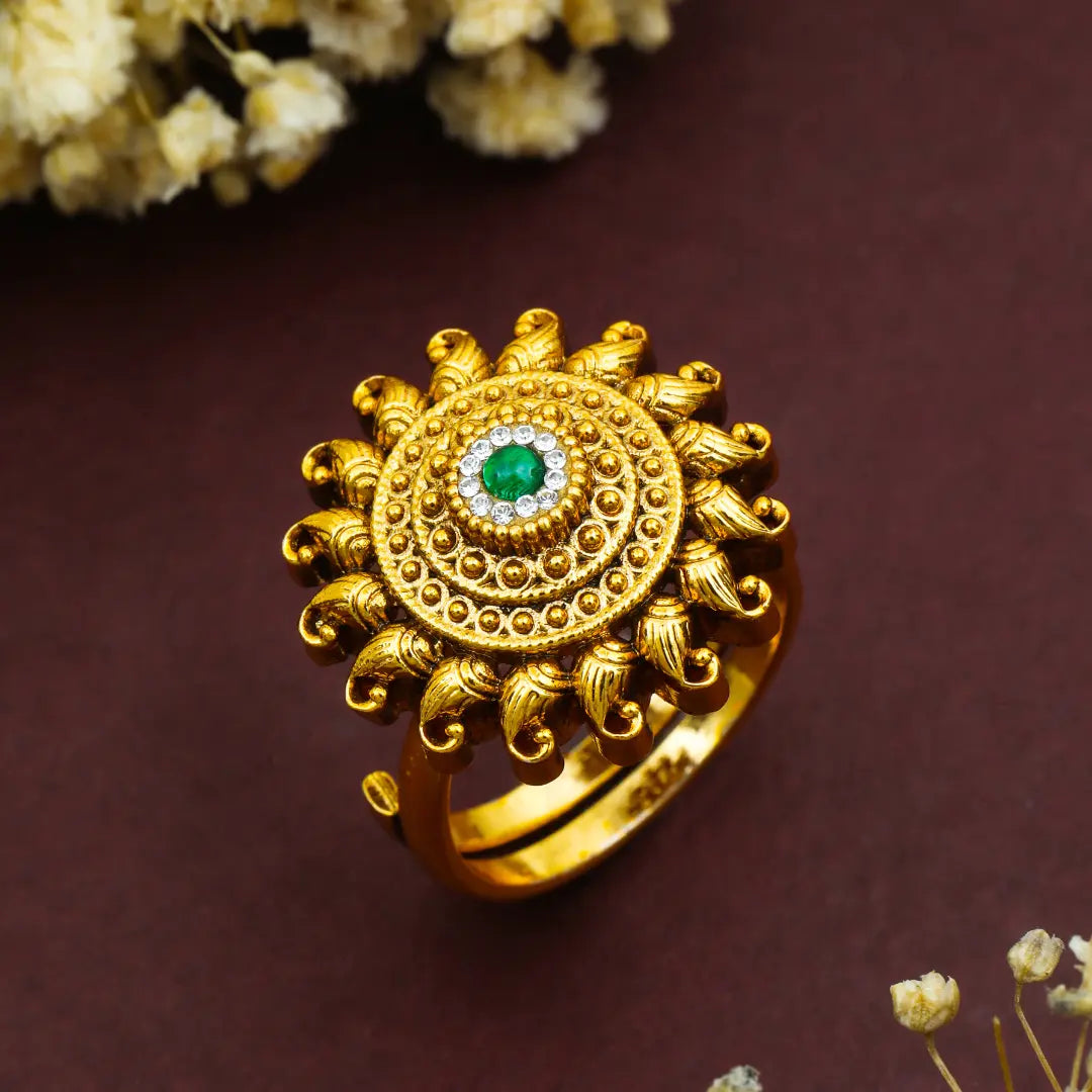 Minimalist Statement Ring – Antique Gold Finish with Gemstones J-308