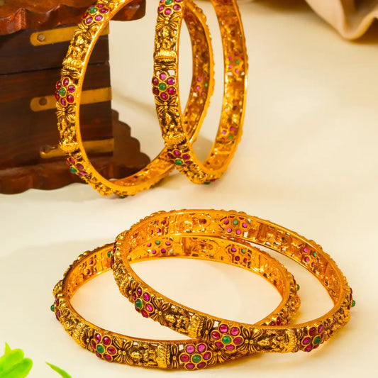Swarna Pallavi Paired Bangle | Gold-Plated Golden Blossom Bangle Set V-2483