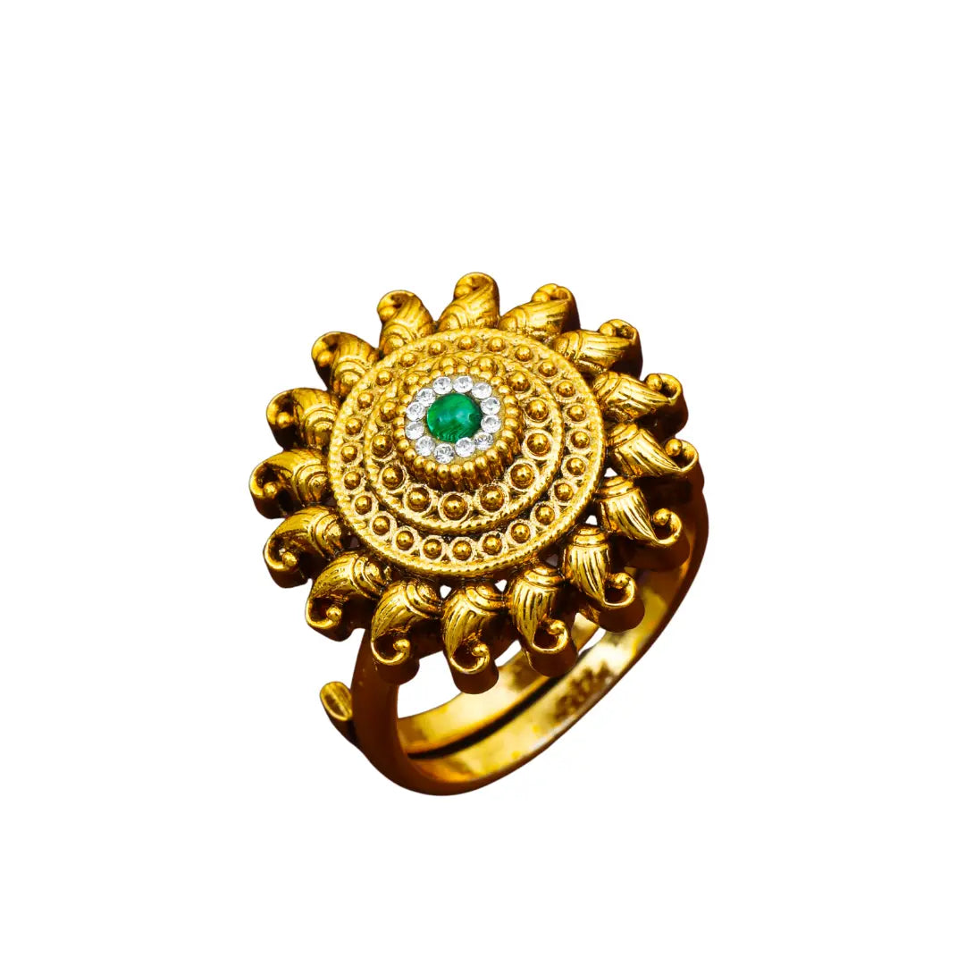 Minimalist Statement Ring – Antique Gold Finish with Gemstones J-308