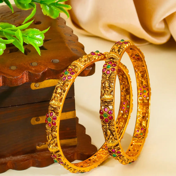 Swarna Pallavi Paired Bangle | Gold-Plated Golden Blossom Bangle Set V-2483