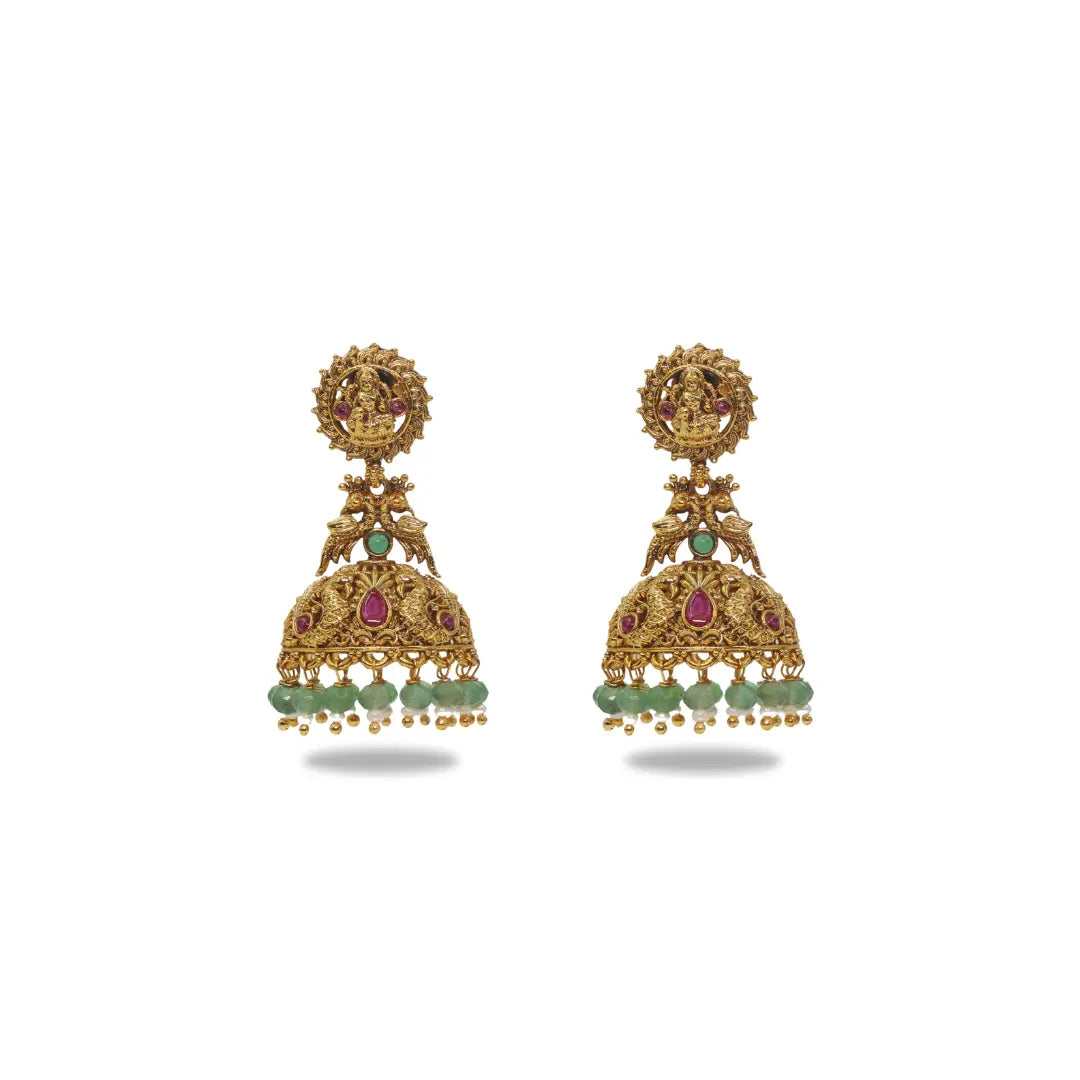 Temple Jhumka Earrings with Laxmi Motif & Green Beads V-562