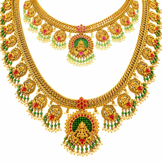 Muthu Pachi Swarna Haar Combo Necklace Set | Gold-Plated Temple J-836N