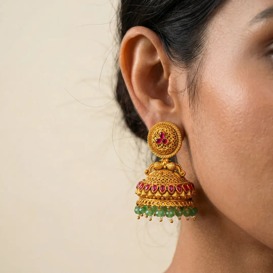 Vasudha Pushpa Jhumka | Gold-Plated Earth Floral Temple Earrings