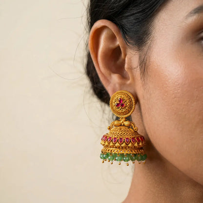Vasudha Pushpa Jhumka | Gold-Plated Earth Floral Temple Earrings