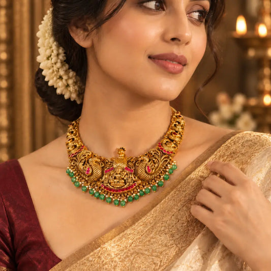 Muthu Swarna Kamalam Kanti Short Necklace Set | Gold-Plated Temple J-1059