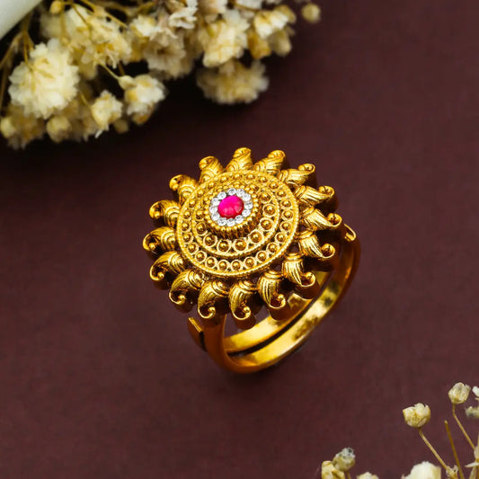 Minimalist Statement Ring – Antique Gold Finish with Gemstones J-308