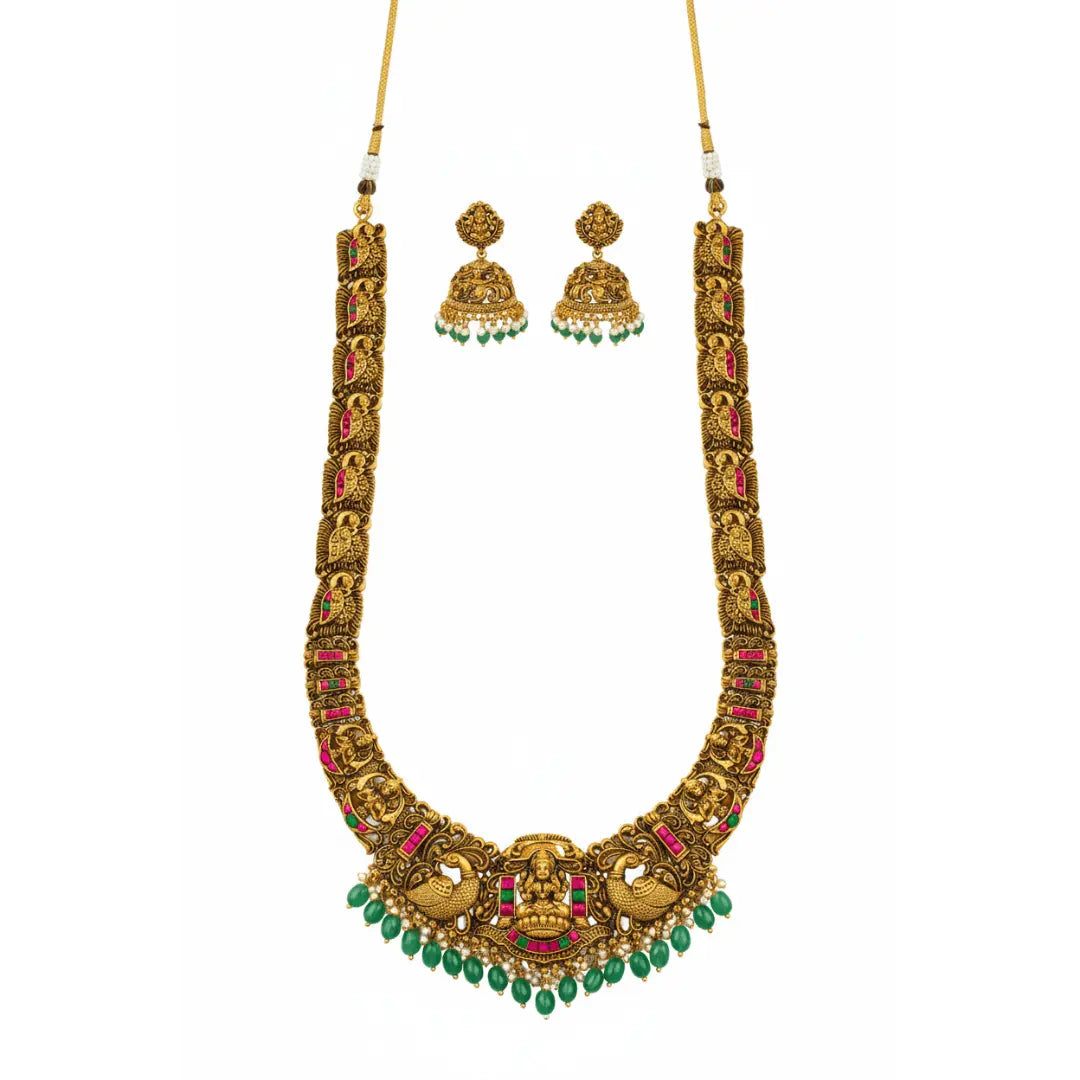 Bridal Temple Jewellery Long Necklace Set with Laxmi Design | Gold Plated