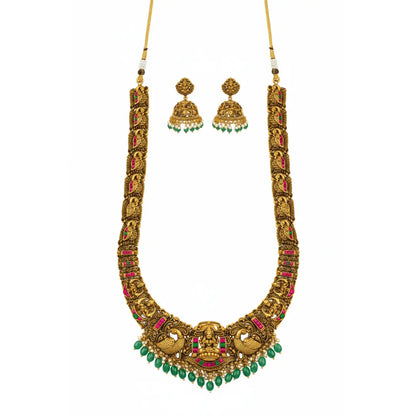 Bridal Temple Jewellery Long Necklace Set with Laxmi Design | Gold Plated