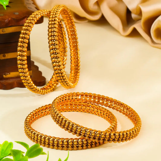  Navaratna Kaappu Paired Bangle | Gold-Plated Nine Gem Temple Bangle Set V-2468