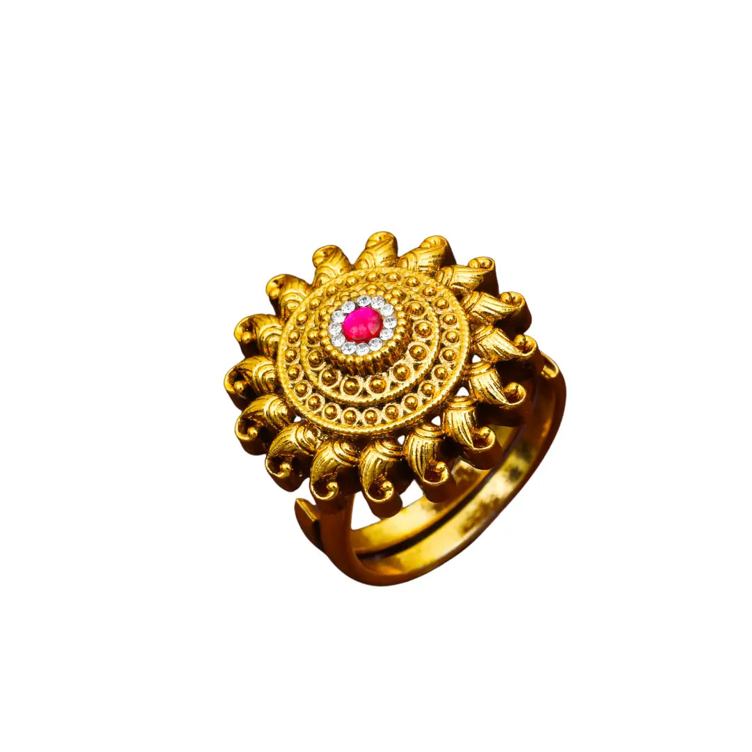 Minimalist Statement Ring – Antique Gold Finish with Gemstones J-308