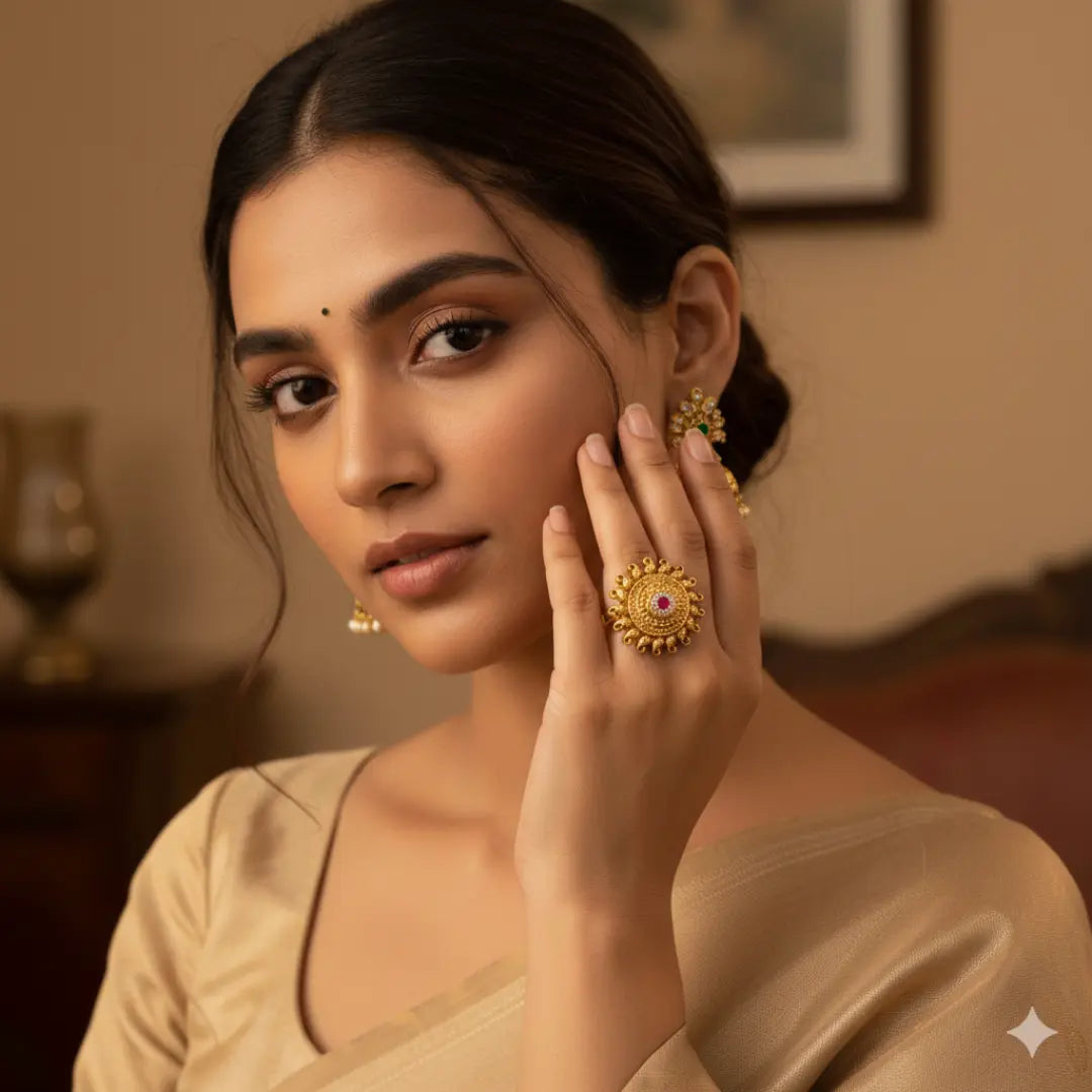 Minimalist Statement Ring – Antique Gold Finish with Gemstones J-308