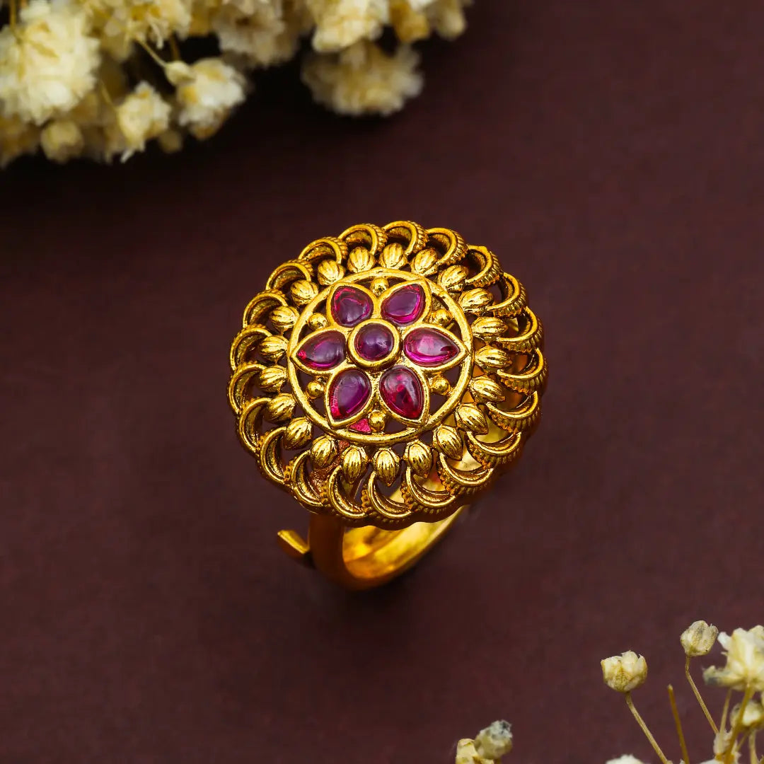 Modern Minimalist Temple Ring – Gold-Plated Daily Wear  V-2603