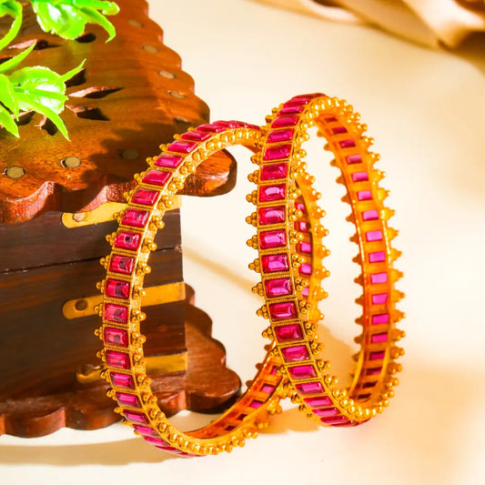Rukmini Rekha Paired Bangle | Gold-Plated Divine Queen Line Bangle Set