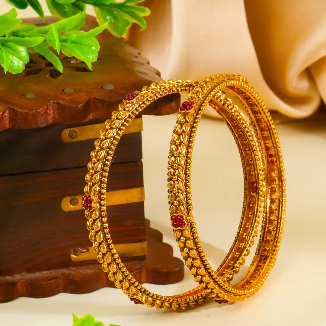 Saraswati Pushpa Kankana Paired Bangle | Gold-Plated Goddess Flower Bangle V-2473