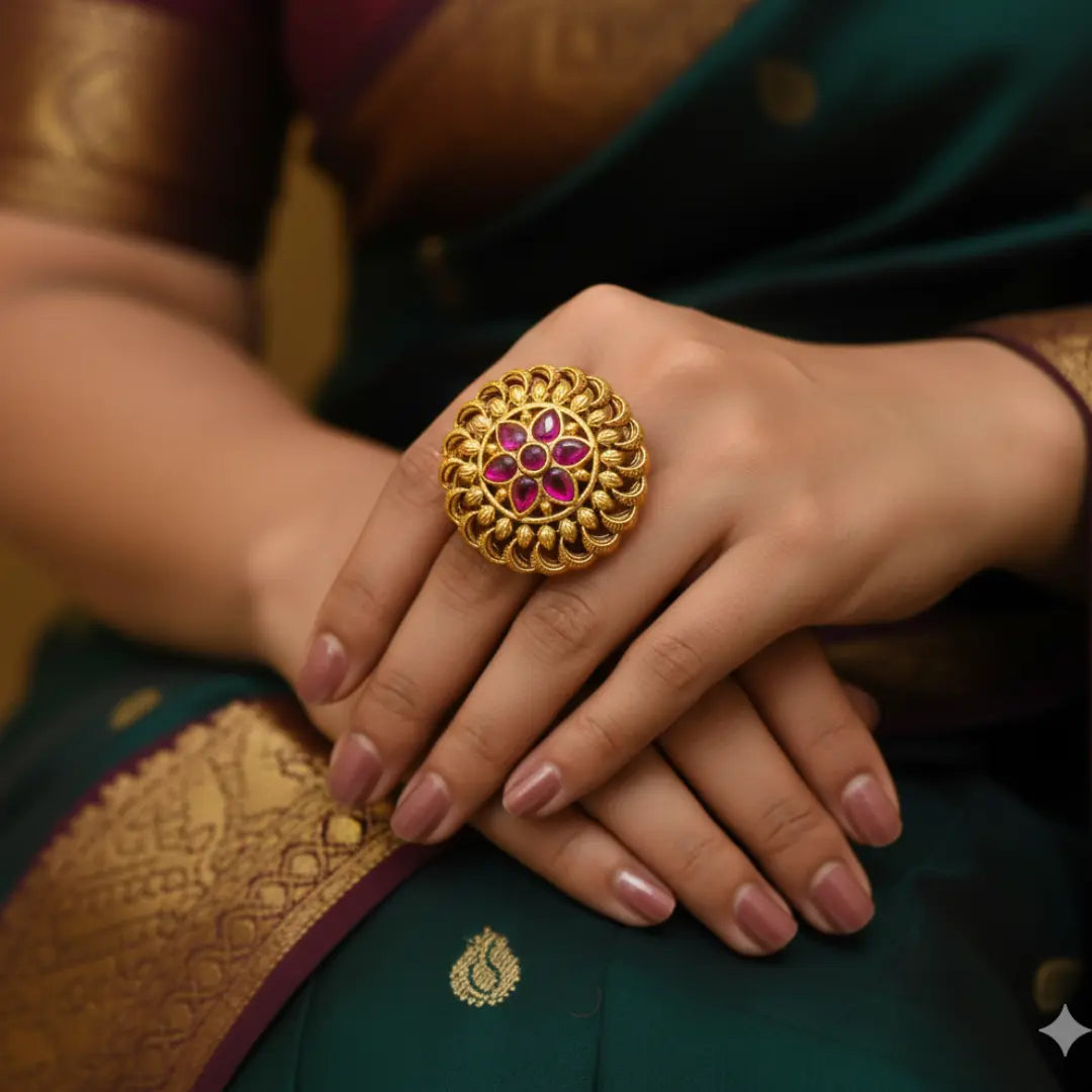 Modern Minimalist Temple Ring – Gold-Plated Daily Wear  V-2603