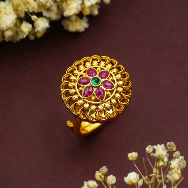 Modern Minimalist Temple Ring – Gold-Plated Daily Wear  V-2603
