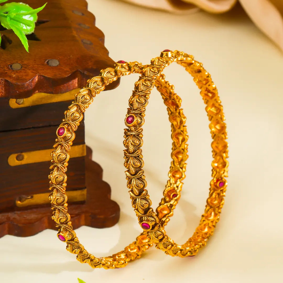 Meenakshi Rekha Valayal Paired Bangle | Gold-Plated Fish Eye Goddess Bangle V-2333