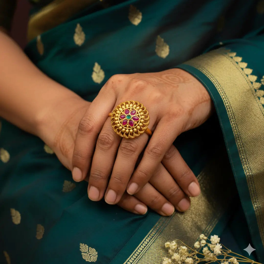 Modern Minimalist Temple Ring – Gold-Plated Daily Wear  V-2603
