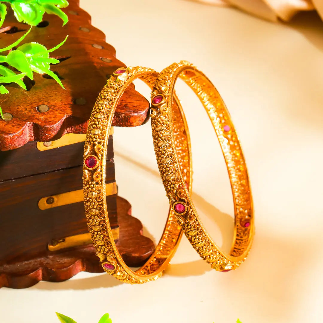 Andal Pushpa Kankana Paired Bangle | Gold-Plated Goddess Flower Bangle Set