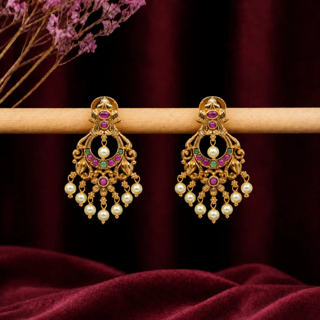 Antique Gold-Plated Chandbali with Pearl Drops R-1043