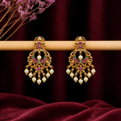 Antique Gold-Plated Chandbali with Pearl Drops R-1043