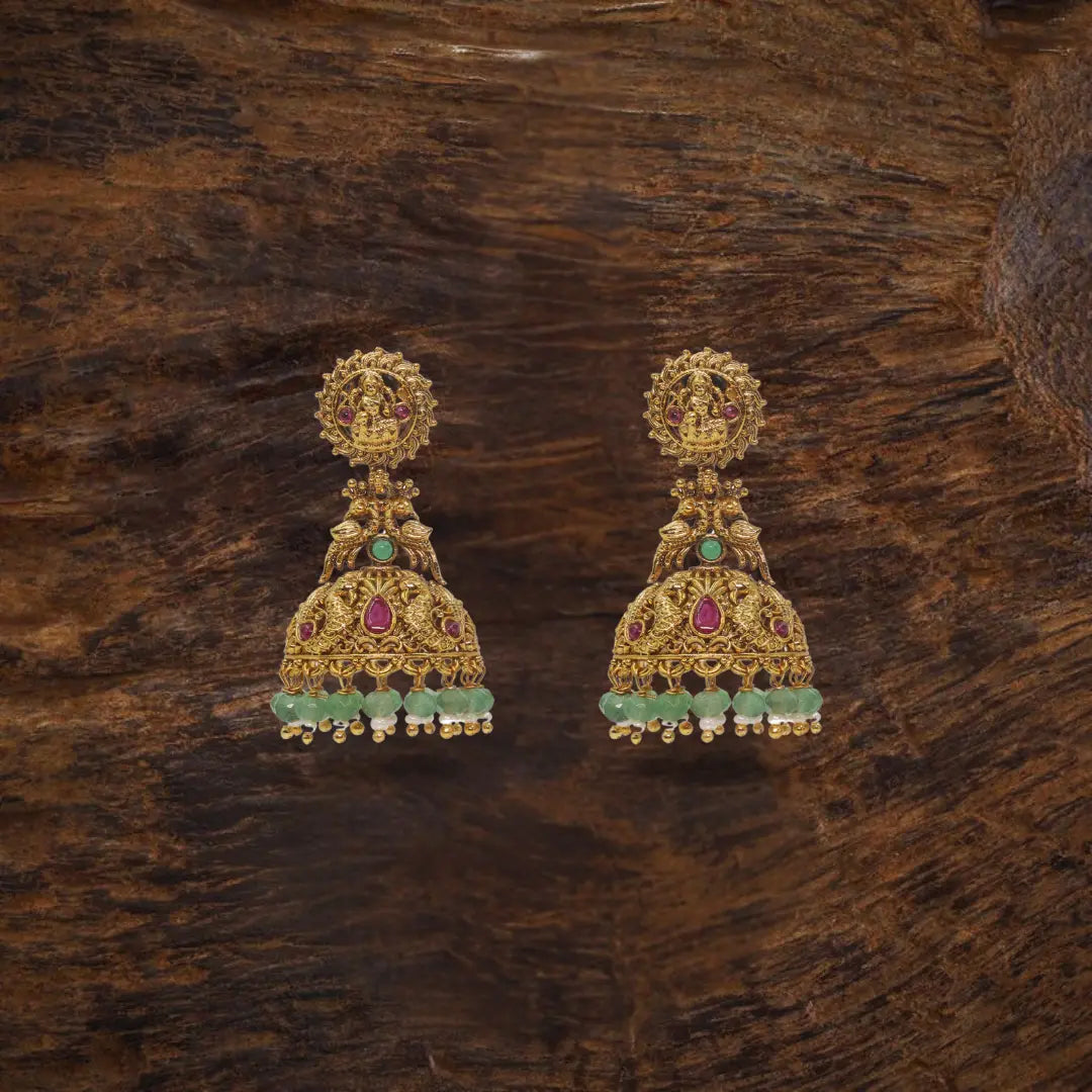 Temple Jhumka Earrings with Laxmi Motif & Green Beads V-562