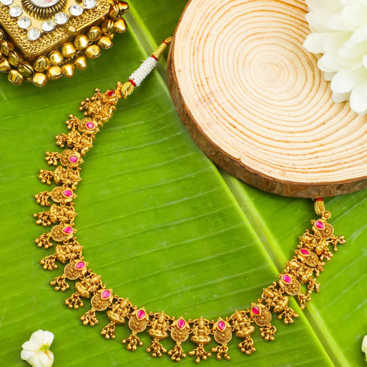 Lakshmi Temple Jewellery Short Necklace Set with Ruby Stones