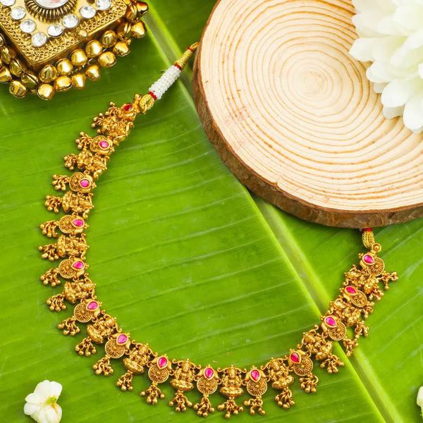 Lakshmi Temple Jewellery Short Necklace Set with Ruby Stones