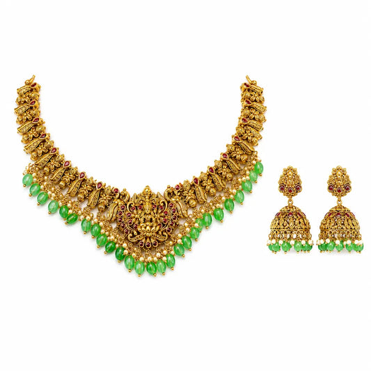Lakshmi Bhushana Kantha Short Necklace Set | Gold-Plated Temple Jewellery