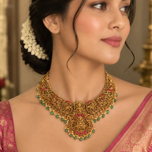 Rukmini Archana Haar Short Necklace Set | Gold-Plated Temple Jewellery J-1135
