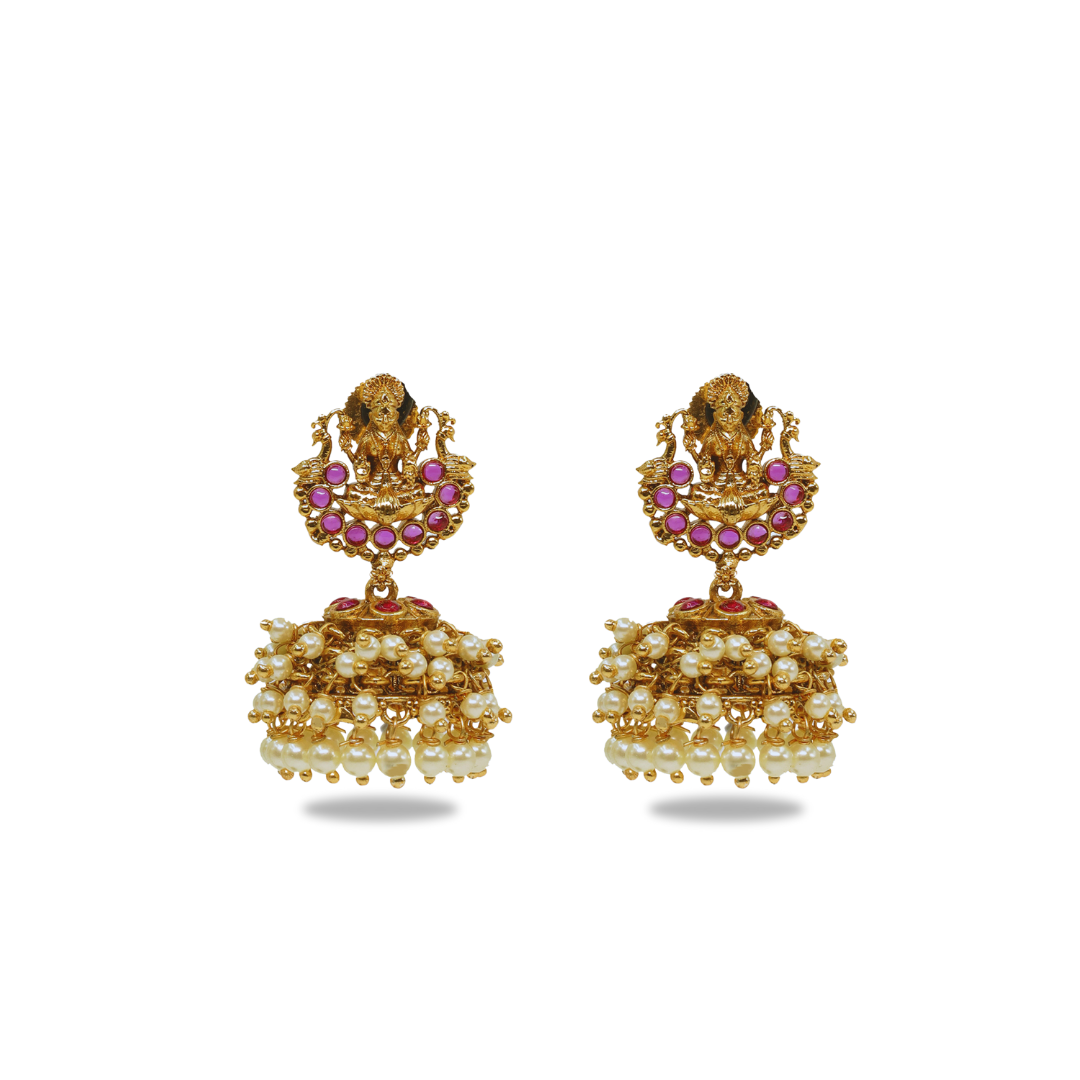 Antique Temple Laxmi Jhumka with Pearl Drops R-1645