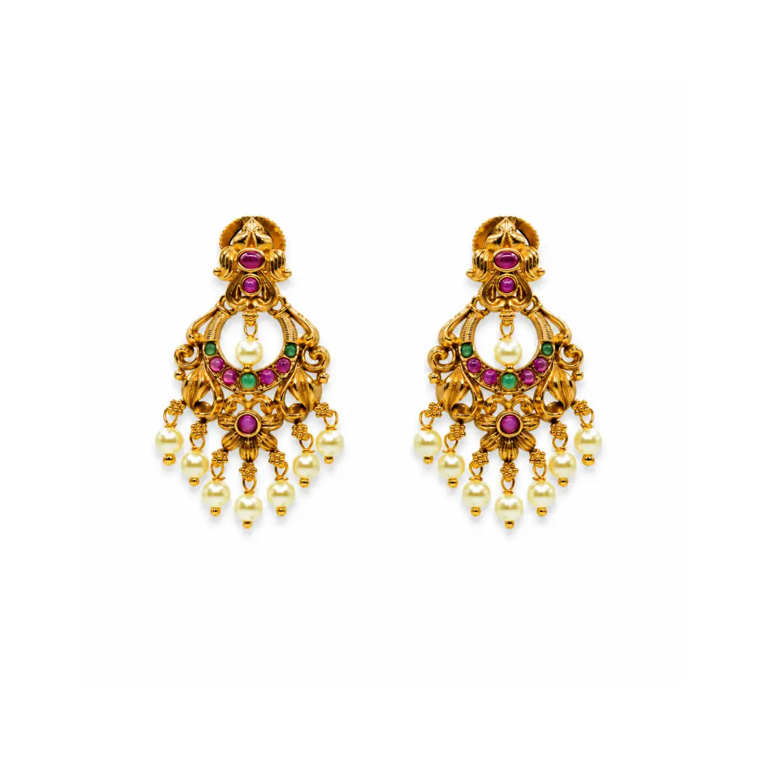 Antique Gold-Plated Chandbali with Pearl Drops R-1043