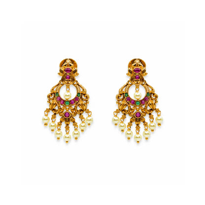 Antique Gold-Plated Chandbali with Pearl Drops R-1043