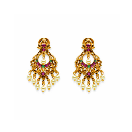 Antique Gold-Plated Chandbali with Pearl Drops R-1043