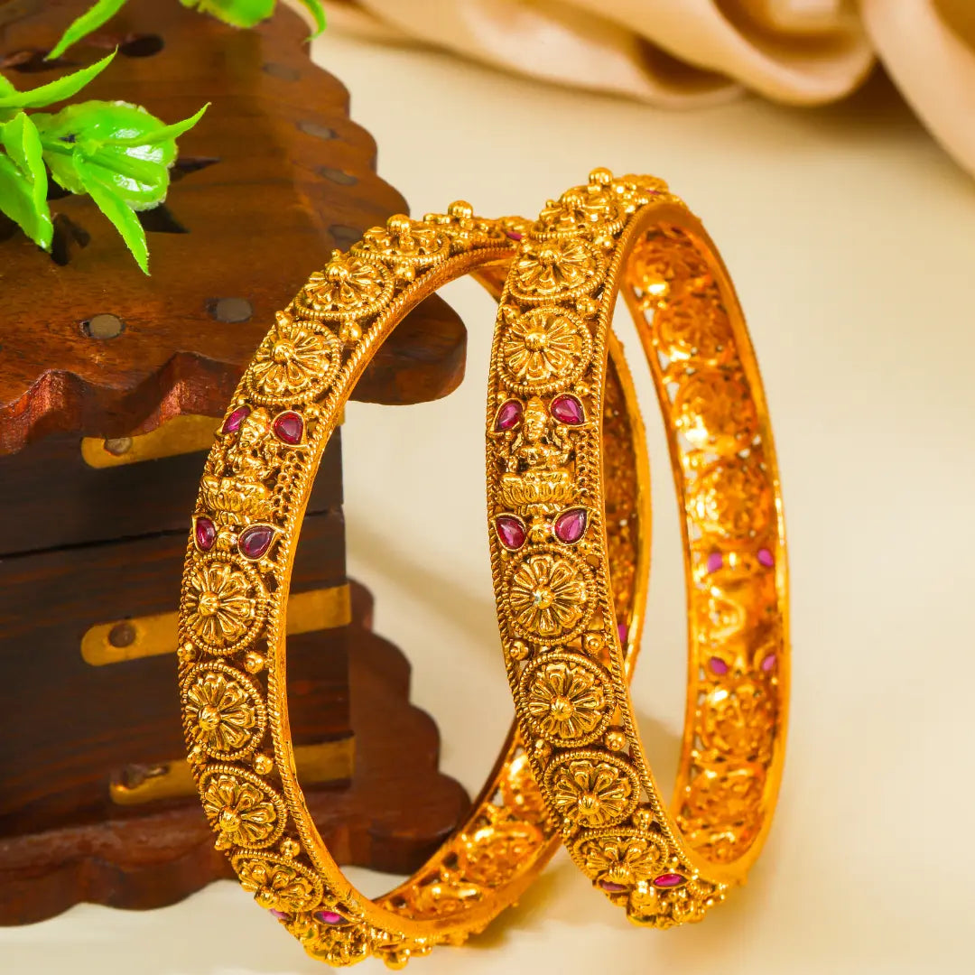 Padmavathi Rekha Paired Bangle | Gold-Plated Lotus Goddess Line Bangle Set V-2500