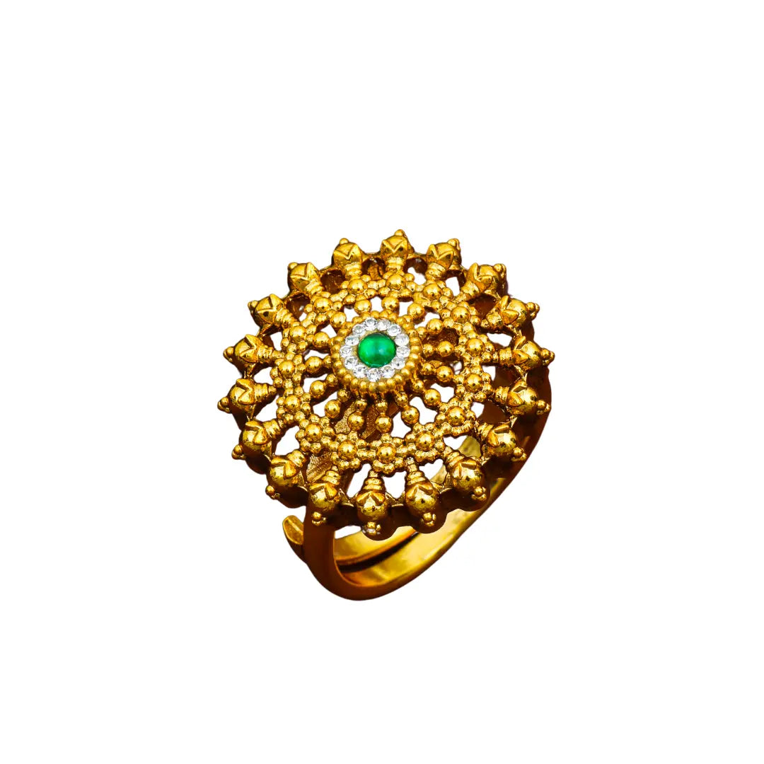 Minimalist Statement Ring – Antique Gold Finish with Gemstones J-308