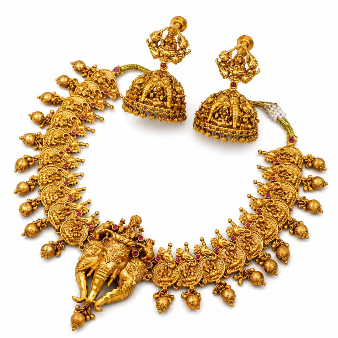 Elephant & Lakshmi Temple Short Necklace Set – Antique Finish K-629