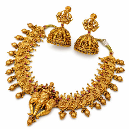 Elephant & Lakshmi Temple Short Necklace Set – Antique Finish K-629