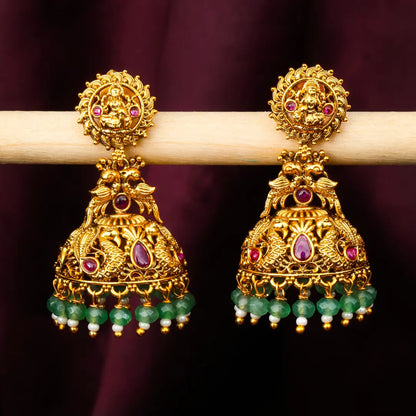 Temple Jhumka Earrings with Laxmi Motif & Green Beads V-562