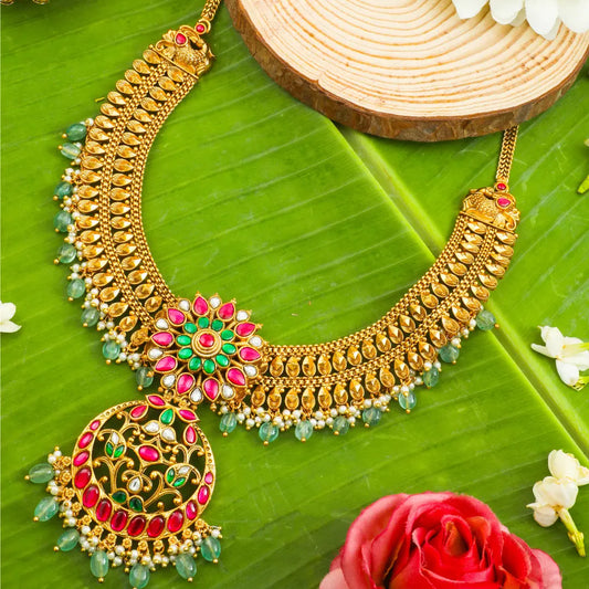 Floral Temple Jewellery Short Necklace Set with Pendant & Jhumka
