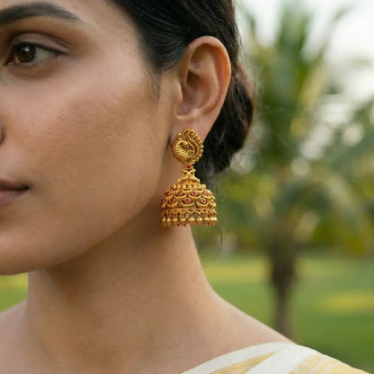 Kokila Rekha Jhumka | Gold-Plated Elegant Temple Line Earrings