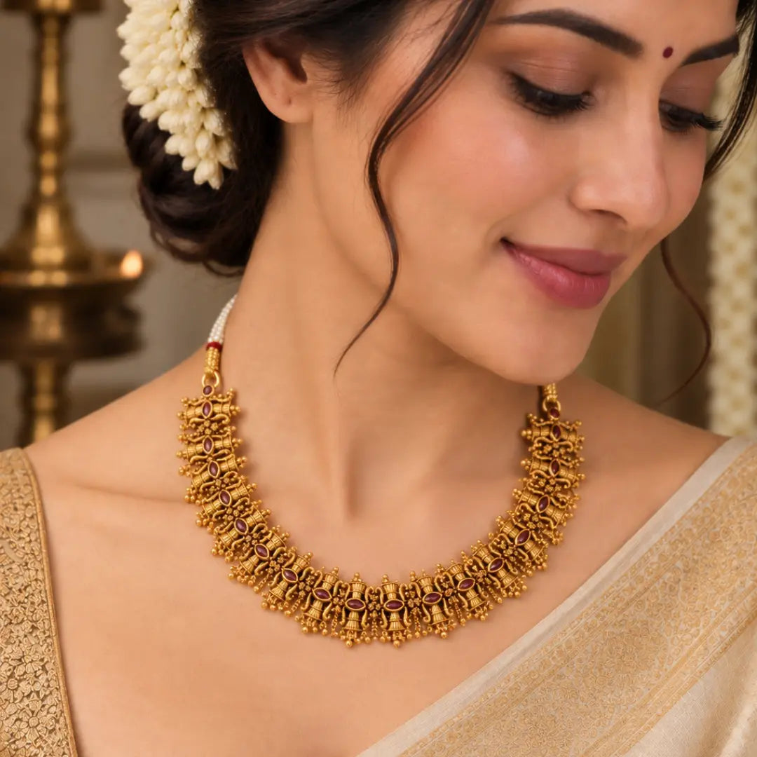 Tripura Kalasha Temple Jewellery Short Necklace Set with Stone Work K-1706
