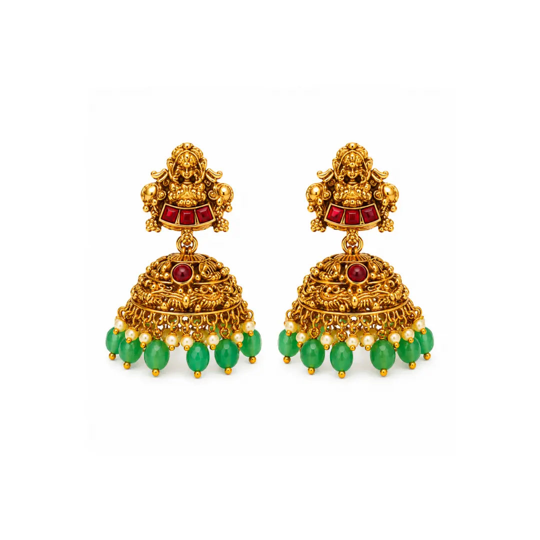 Navaratna Pachi Swarna Mala Short Necklace Set | Gold-Plated Temple J-1037
