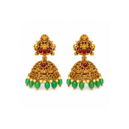 Navaratna Pachi Swarna Mala Short Necklace Set | Gold-Plated Temple J-1037