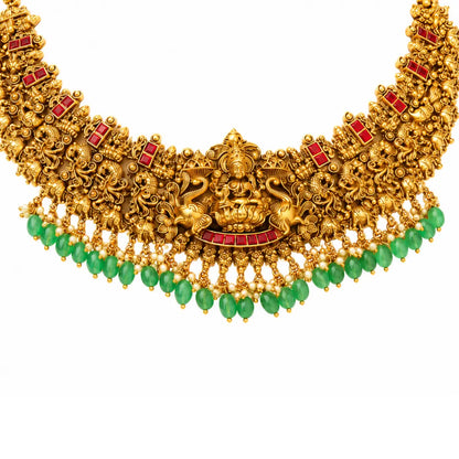 Navaratna Pachi Swarna Mala Short Necklace Set | Gold-Plated Temple J-1037