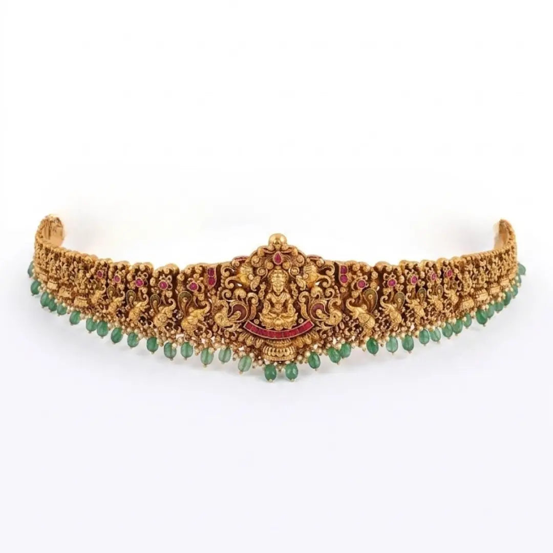 Pachi Swarna Navaratna Kamarpatta | Gold-Plated Temple Waist Belt J-846