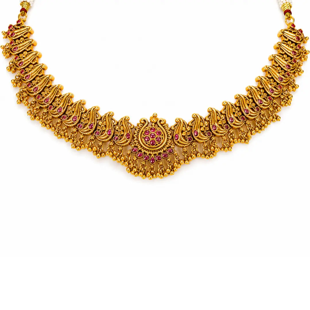 Swarna Pachi Kamalam Haar Short Necklace Set | Gold-Plated Temple K-1883
